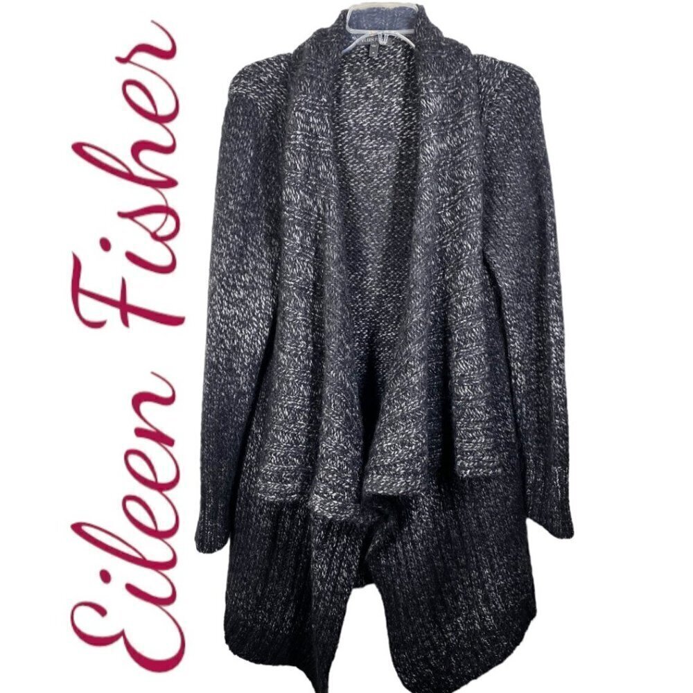 EILEEN FISHER Alpaca Fuzzy‎ Wool Open Waterfall Cardigan Black & Gray, Medium